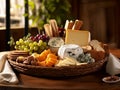 cheeses and crisp crackers in a rustic basket