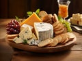 cheeses and crisp crackers in a rustic basket