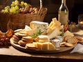 cheeses and crisp crackers in a rustic basket