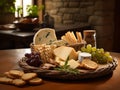 cheeses and crisp crackers in a rustic basket