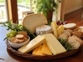 cheeses and crisp crackers in a rustic basket