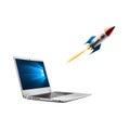 Laptop with rocket coming out of screen. Isolated on white background Ai generative Royalty Free Stock Photo