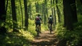 Forest Thrill: Biker Couple Riding Mountain Bikes Amidst Nature\'s Beauty