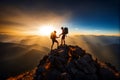 Hiker extends a helping hand to his friend, reaching for the mountain top as the sun sets