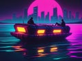 Synthwave-inspired raft floating on water