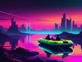 Synthwave-inspired raft floating on water