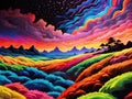 Distant Chinese Rice Fields Aglow in Black Light, Close-up of Radiant White Grains, and Glowing Rainbow Starburst Backgrounds