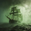 Mystical Voyage: Sailing Ship Enshrouded in Enigmatic Bermuda Fog Royalty Free Stock Photo