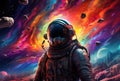 An astronaut in a spacesuit explores colorful space,