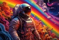 An astronaut in a spacesuit explores colorful space,