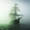 Mystic Voyage: Sailing Ship Enveloped in Enigmatic Bermuda Fog Royalty Free Stock Photo