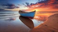 Beach, Boat, Dawn in coastal morning Royalty Free Stock Photo