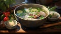 Soulful Pho Feast: A Hearty Bowl of Vietnamese Pho Teeming with Rich Broth, Tender Noodles, and Fresh Culinary Delights - AI Gener