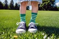 Kid standing in outdoor grass field wearing vibrant socks with stylish white and blue sneakers. National Socks Day Elegance Royalty Free Stock Photo