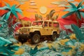 A paper art collage adorned with toy safari jeeps, AI generated