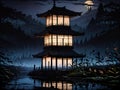 Midnight Harmony Dark Silhouette in a Serene Japanese Landscape with Clipart Elements of Reeds