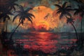 Tropical Sunset Landscape Painting, Vibrant Nature Travel Art, Oceanscape Background, Wilderness Wallpaper, Colorful Backdrop Royalty Free Stock Photo