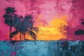 Tropical Sunset Landscape Painting, Vibrant Nature Travel Art, Oceanscape Background, Wilderness Wallpaper, Colorful Backdrop Royalty Free Stock Photo