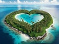 Image of heart-shaped nature surrounded by green trees in the middle of the sea.