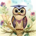 Graduation Owl Adventures - Playful Kids\' Storybook Style Muted Watercolor Art