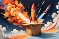 Cardboard Box Styled as a Makeshift Rocket - Flames Painted on Sides, Appearing to Blast Off, Set Against an Imaginary Sky