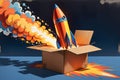 Cardboard Box Styled as a Makeshift Rocket - Flames Painted on Sides, Appearing to Blast Off, Set Against an Imaginary Sky