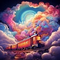 Train Fantasia: A Surreal Illustration of a Colorful Train Amidst Floating Clouds