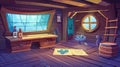 Embark on your next adventure on a pirate ship. Wooden cabin interior with corsair stuff and items. Top of table with a