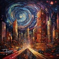 Cosmic & Urban Dance: Oil Fusion of Celestial Wonders with City\'s Architectural Pulse
