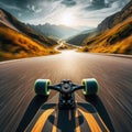 Skateboarder takes an exhilarating ride down a winding country road