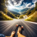 Skateboarder takes an exhilarating ride down a winding country road