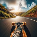 Skateboarder takes an exhilarating ride down a winding country road