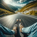 Skateboarder takes an exhilarating ride down a winding country road