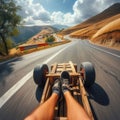 Thrilling drive down winding road, on a go-cart, seen from driver\'s viewpoint