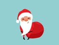 Embarrassed christmas Santa Claus holds his hands behind his back, hides a huge red bag of gifts. Winter holiday mood Royalty Free Stock Photo