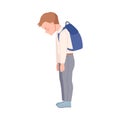 Embarrassed Little Boy with Backpack Having Guilty Look Bowing His Head in Shame Vector Illustration