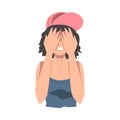 Embarrassed Teenage Girl Covering her Face with Hands, Regretful Person with Clasped Hands Cartoon Style Vector