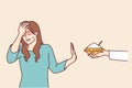 Embarrassed woman makes stop gesture rejecting proposed sugar that can harm health. Vector image