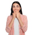 Embarrassed young woman covering mouth with hands on white background Royalty Free Stock Photo