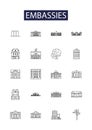 Embassies line vector icons and signs. Diplomats, Consulates, Ambassadors, Legations, Missions, Liaisons, Envoys