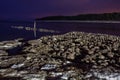 Embedded stones and harbor ruins in Narva-JÃÂµesuu. Rocky beach, peaceful sea and port.