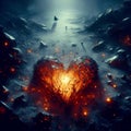 Embers of Affection: A Glimmer Amidst Desolation. A broken, glowing heart-shaped rock surrounded by dark, jagged rocks and debris. Royalty Free Stock Photo