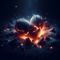 Embers of Affection: A Glimmer Amidst Desolation. A broken, glowing heart-shaped rock surrounded by dark, jagged rocks and debris. Royalty Free Stock Photo