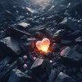 Embers of Affection: A Glimmer Amidst Desolation. A broken, glowing heart-shaped rock surrounded by dark, jagged rocks and debris. Royalty Free Stock Photo