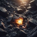 Embers of Affection: A Glimmer Amidst Desolation. A broken, glowing heart-shaped rock surrounded by dark, jagged rocks and debris. Royalty Free Stock Photo