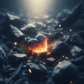 Embers of Affection: A Glimmer Amidst Desolation. A broken, glowing heart-shaped rock surrounded by dark, jagged rocks and debris. Royalty Free Stock Photo