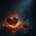 Embers of Affection: A Glimmer Amidst Desolation. A broken, glowing heart-shaped rock surrounded by dark, jagged rocks and debris. Royalty Free Stock Photo