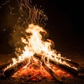 Embers and ash are visible beneath the logs hinting at the high temperatur Royalty Free Stock Photo