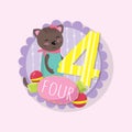 Emblem with adorable kitten and number 4 four . Colorful education flash card for preschool kids. Learn to count. flat