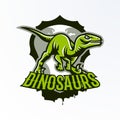 Emblem, badge, sticker, dinosaur logo on the hunt. Predator Jurassic, a dangerous beast, an extinct animal, a mascot